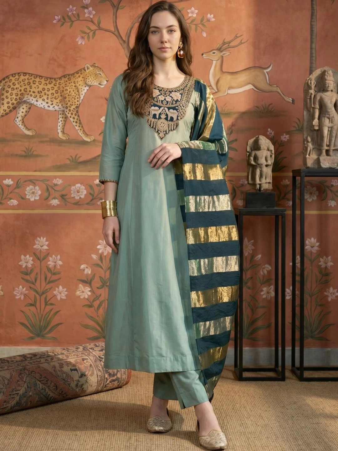Sangria Women Ethnic Motifs Embroidered Regular Thread Work Kurta with Trousers & With Dupatta