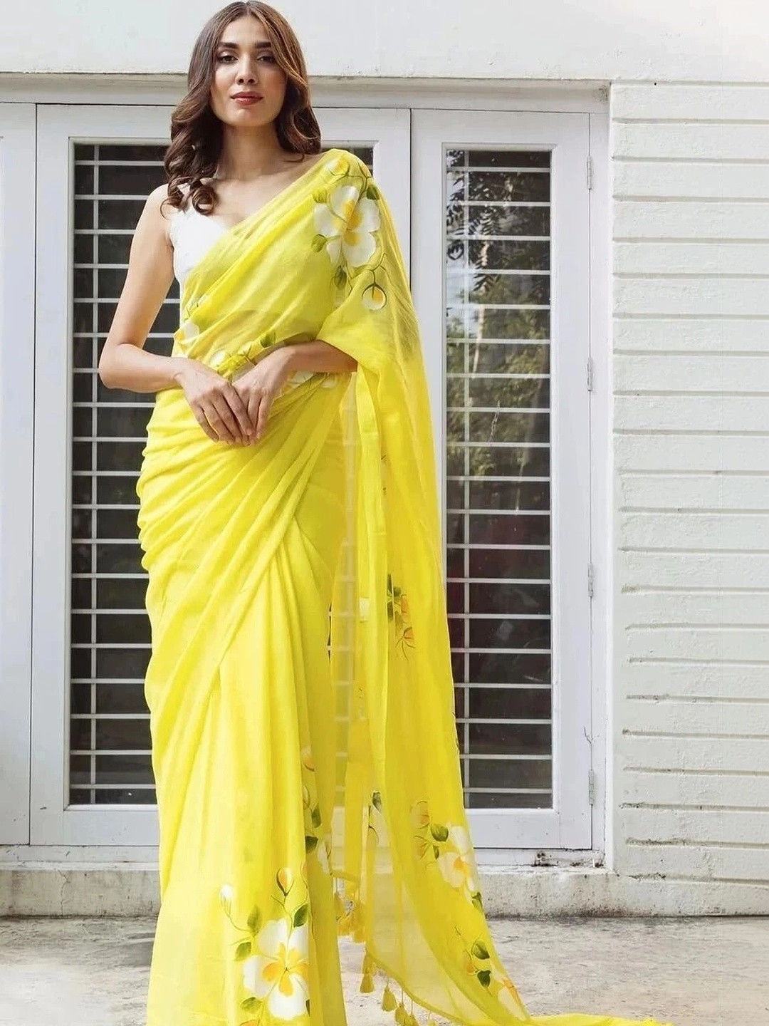 NENU CREATION Floral Linen Blend Chanderi Saree