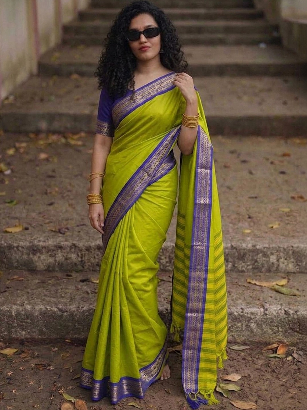 yourwish Striped Zari Silk Cotton Handloom Paithani Saree