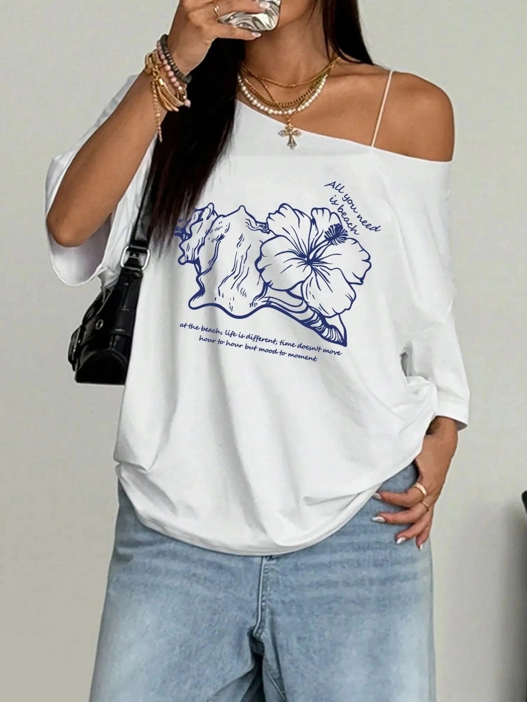 Calm Down Women Printed Drop-Shoulder Sleeves T-shirt