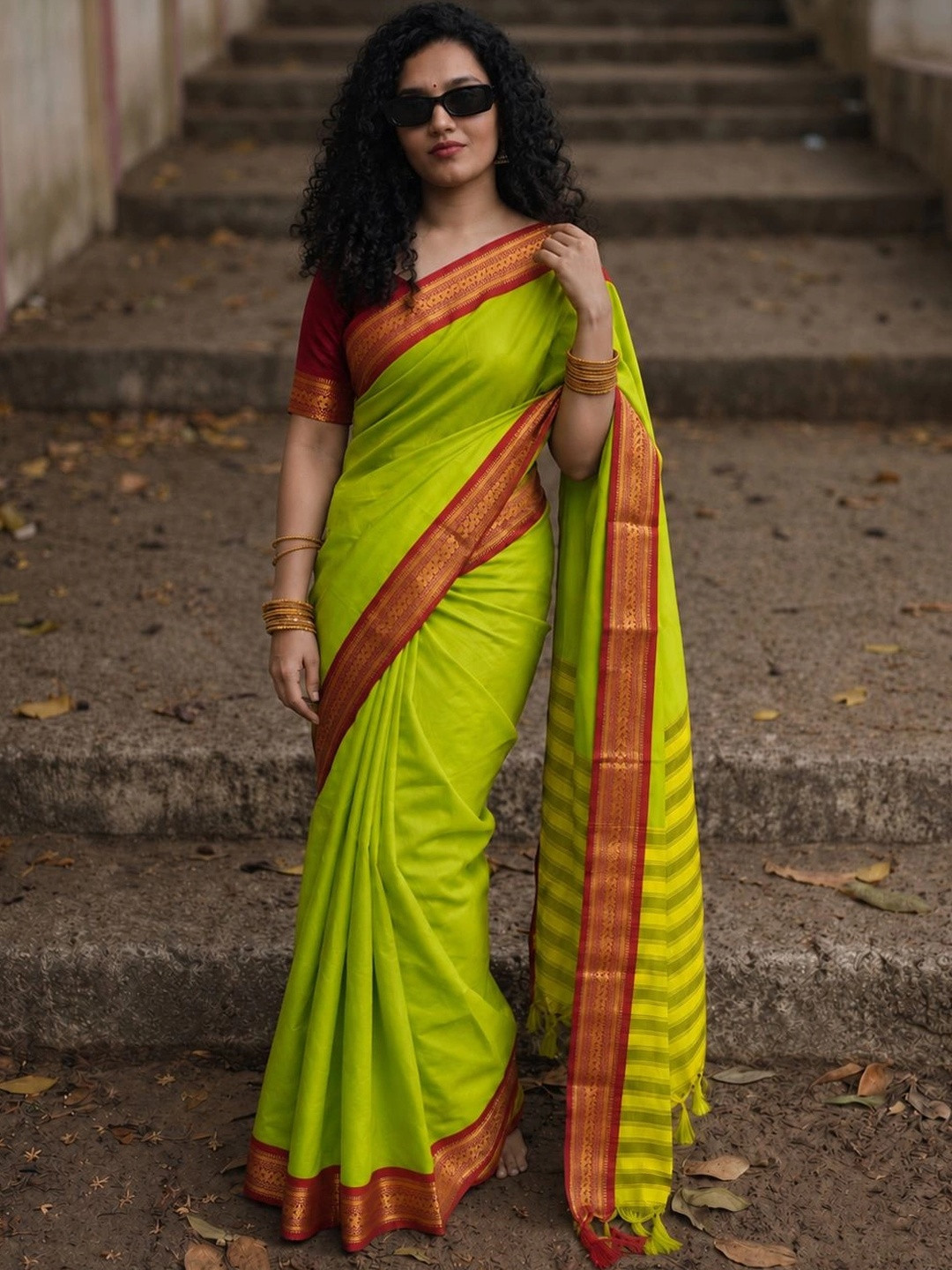 yourwish Striped Zari Silk Cotton Handloom Paithani Saree
