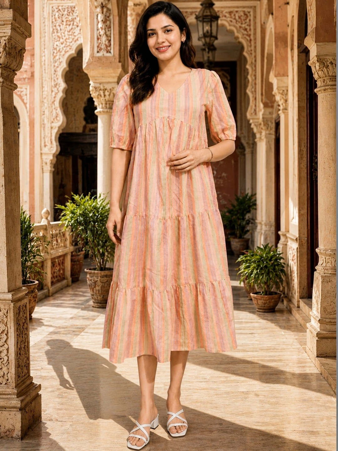 Kamayra Striped Puff Sleeve A-Line Midi Dress
