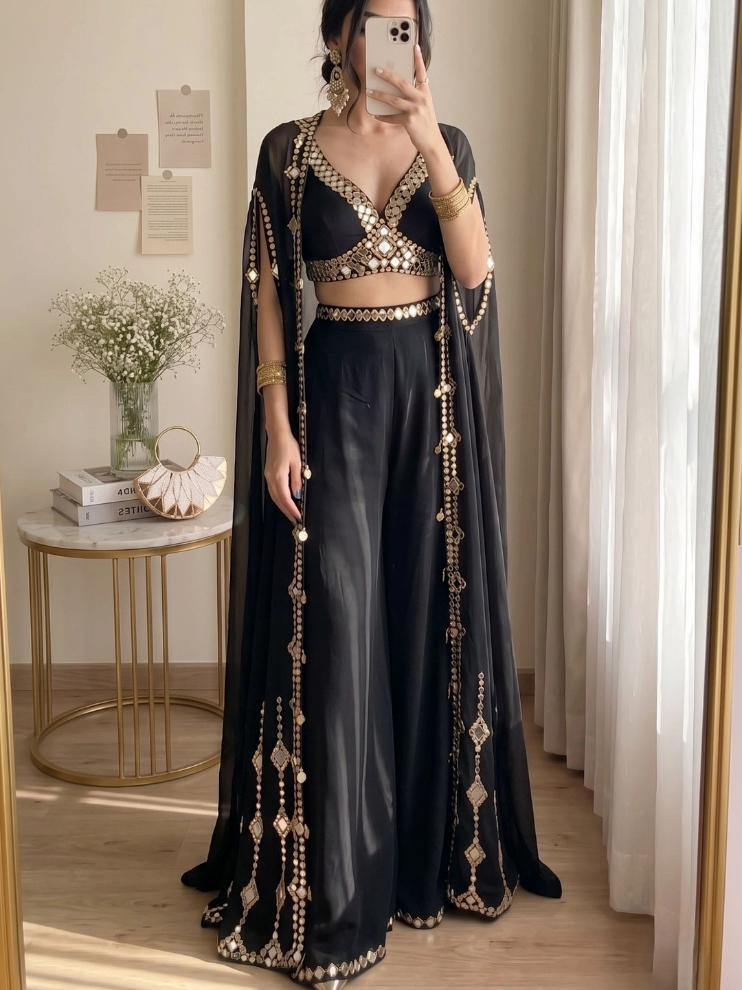 NILORMY Embellished V-Neck Top & Palazzos With Shurg Co-Ords