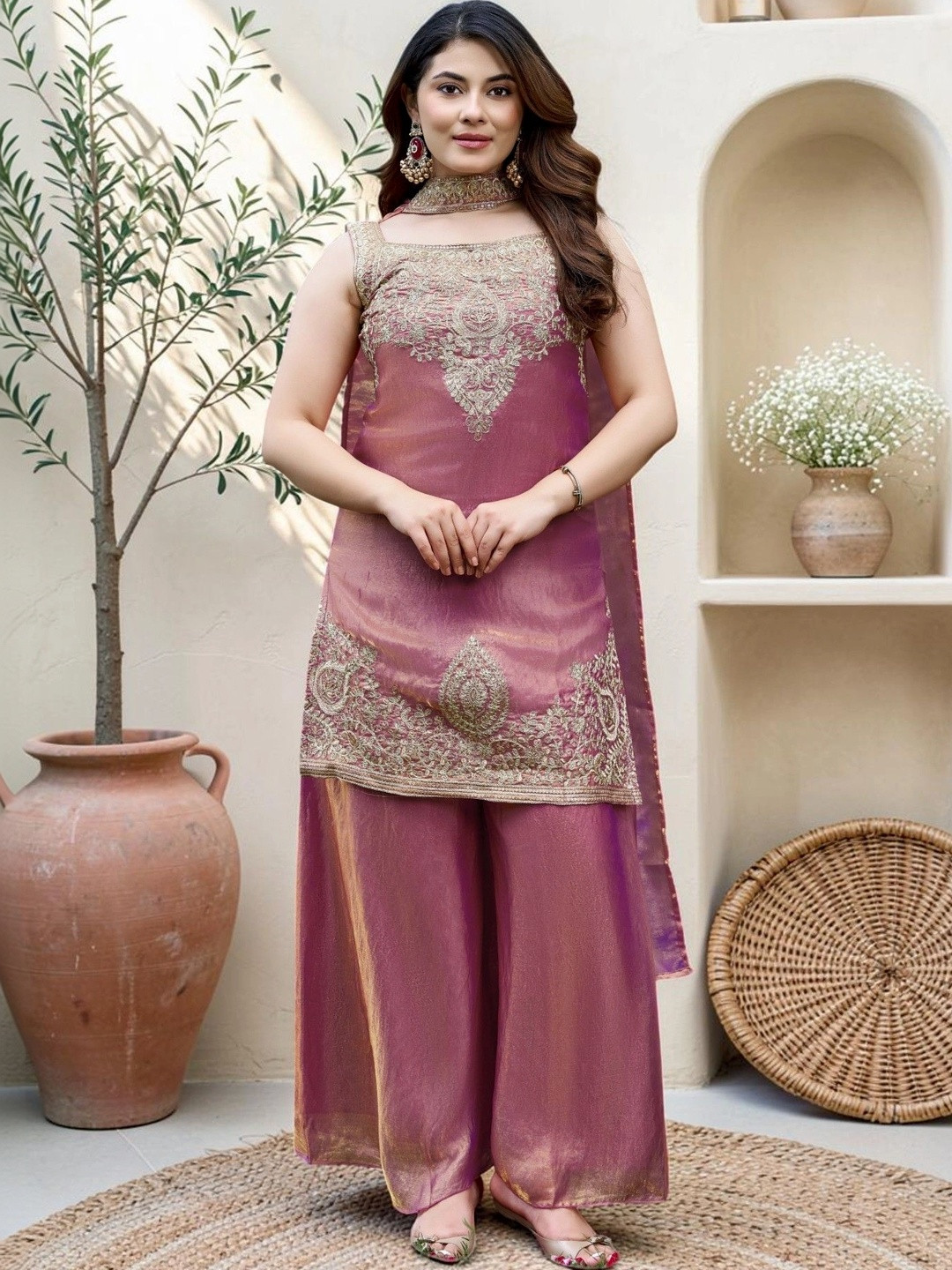 Sangria Women Ethnic Motifs Embroidered Regular Kurta with Palazzos & With Dupatta