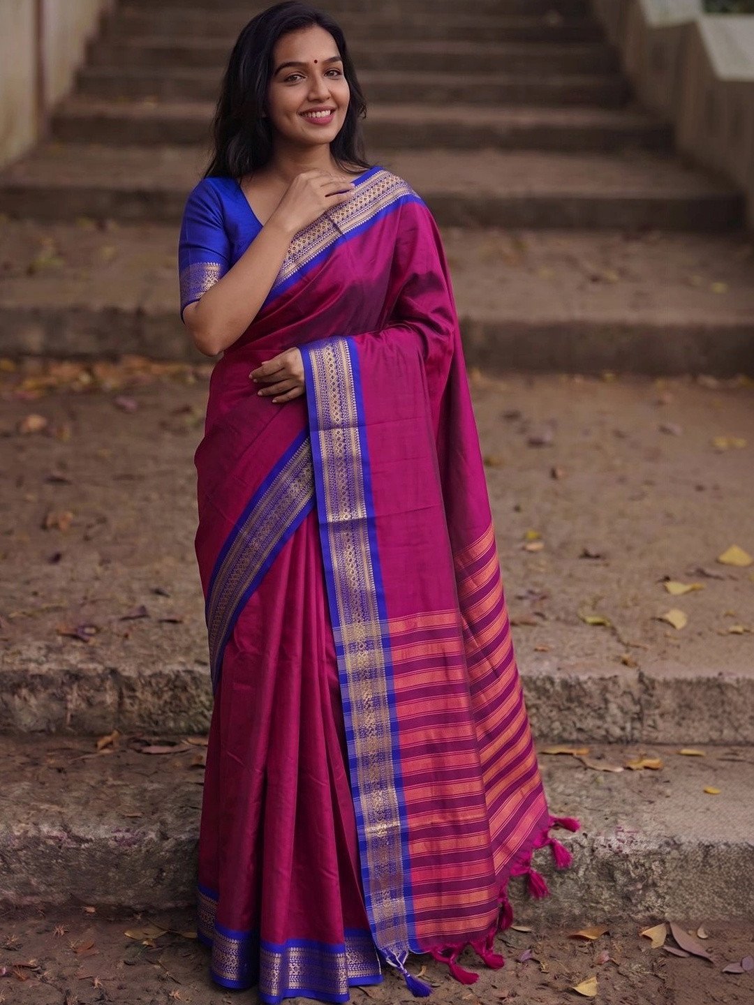 yourwish Striped Zari Silk Cotton Handloom Paithani Saree
