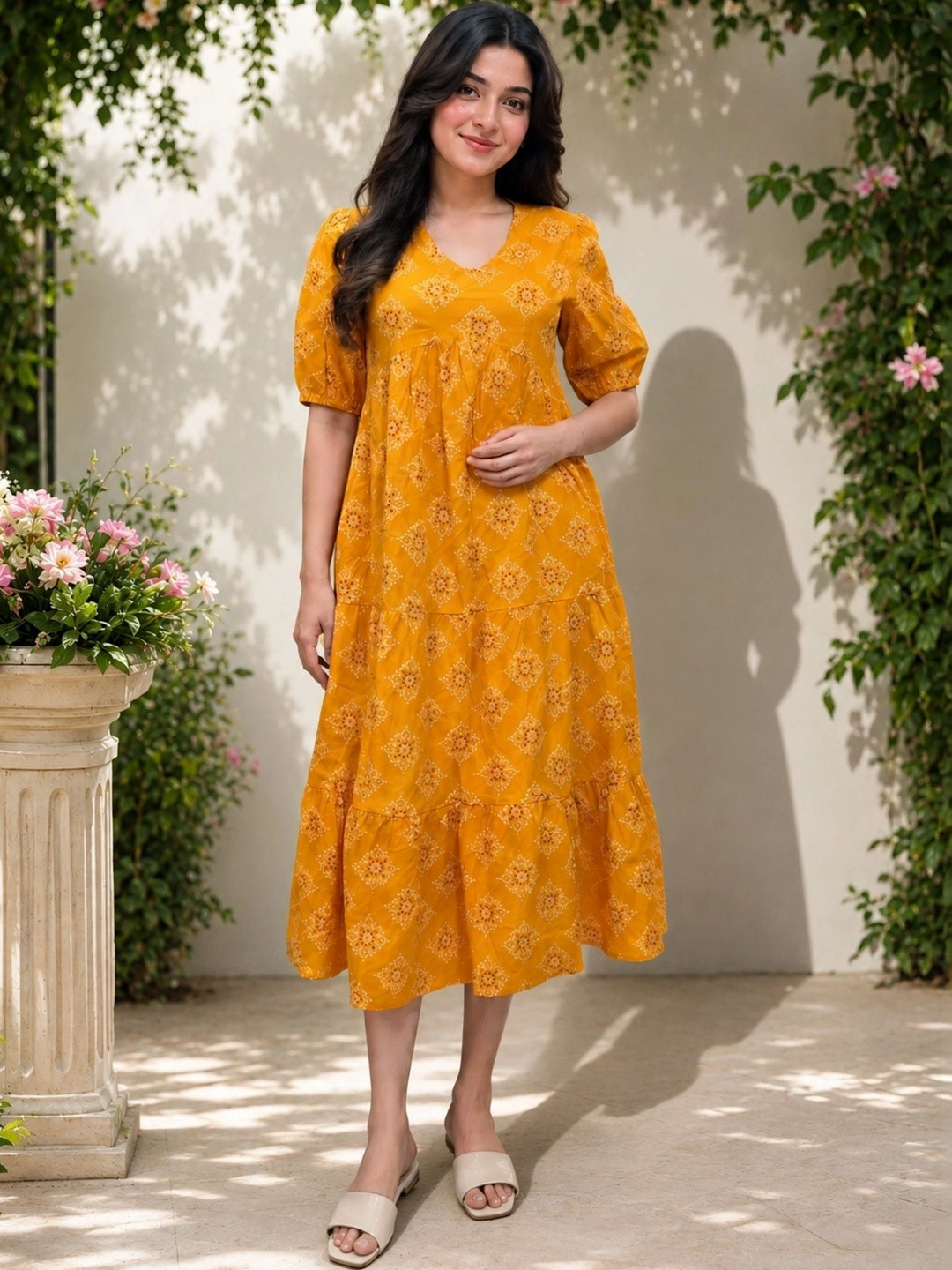 Kamayra Ethnic Motifs Print Puff Sleeve A-Line Midi Dress