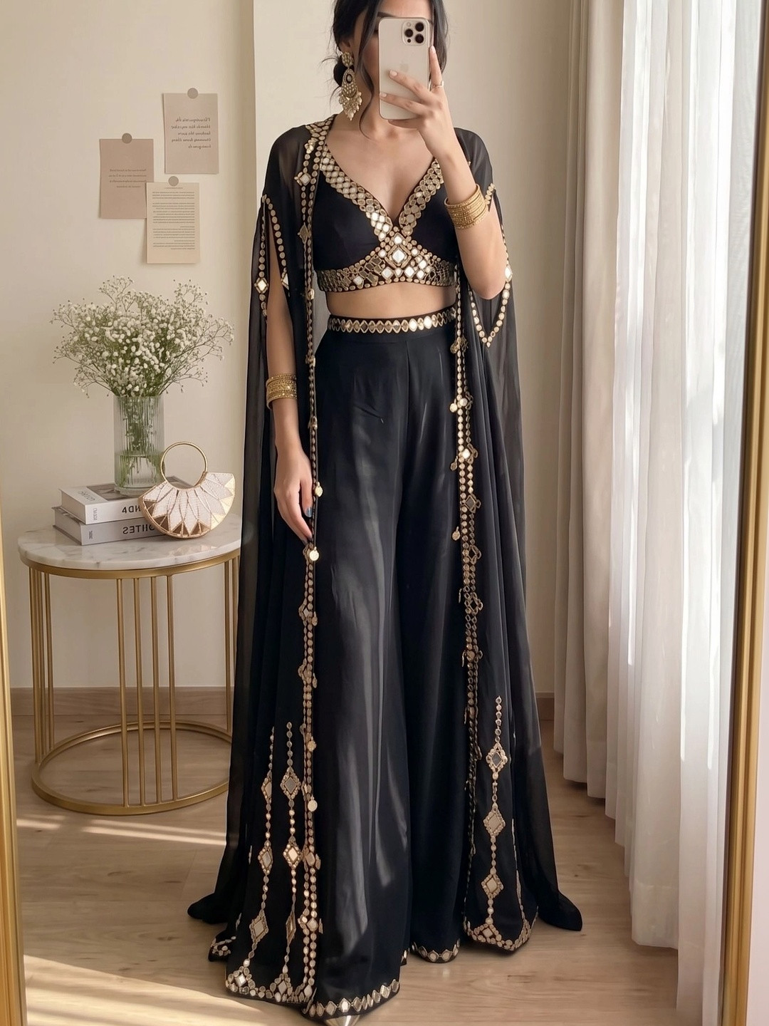 NILORMY Embellished V-Neck Top & Palazzos With Shurg Co-Ords