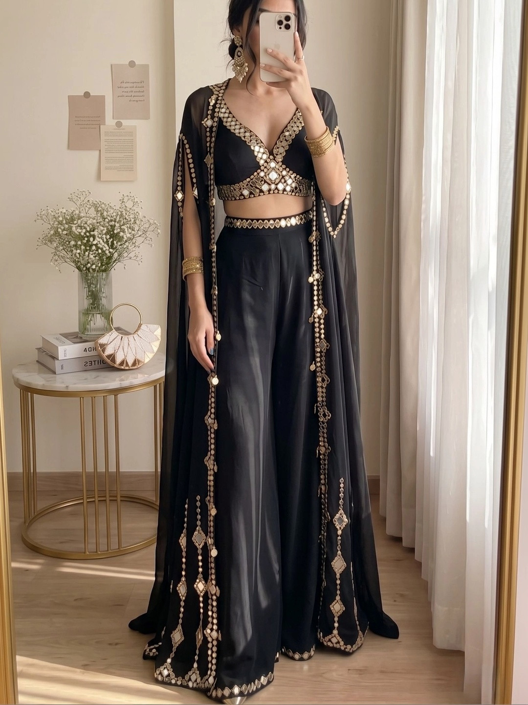 NILORMY Embellished Top with Palazzos & Shrug