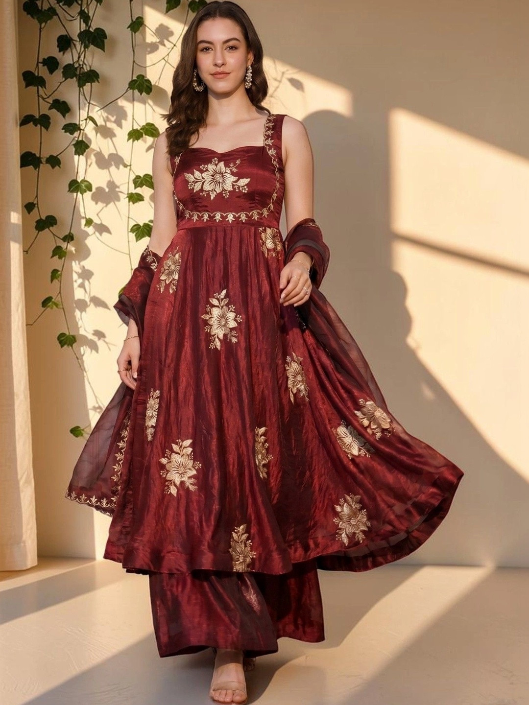 TASRIKA Women Floral Embroidered Empire Thread Work Kurta with Palazzos & With Dupatta