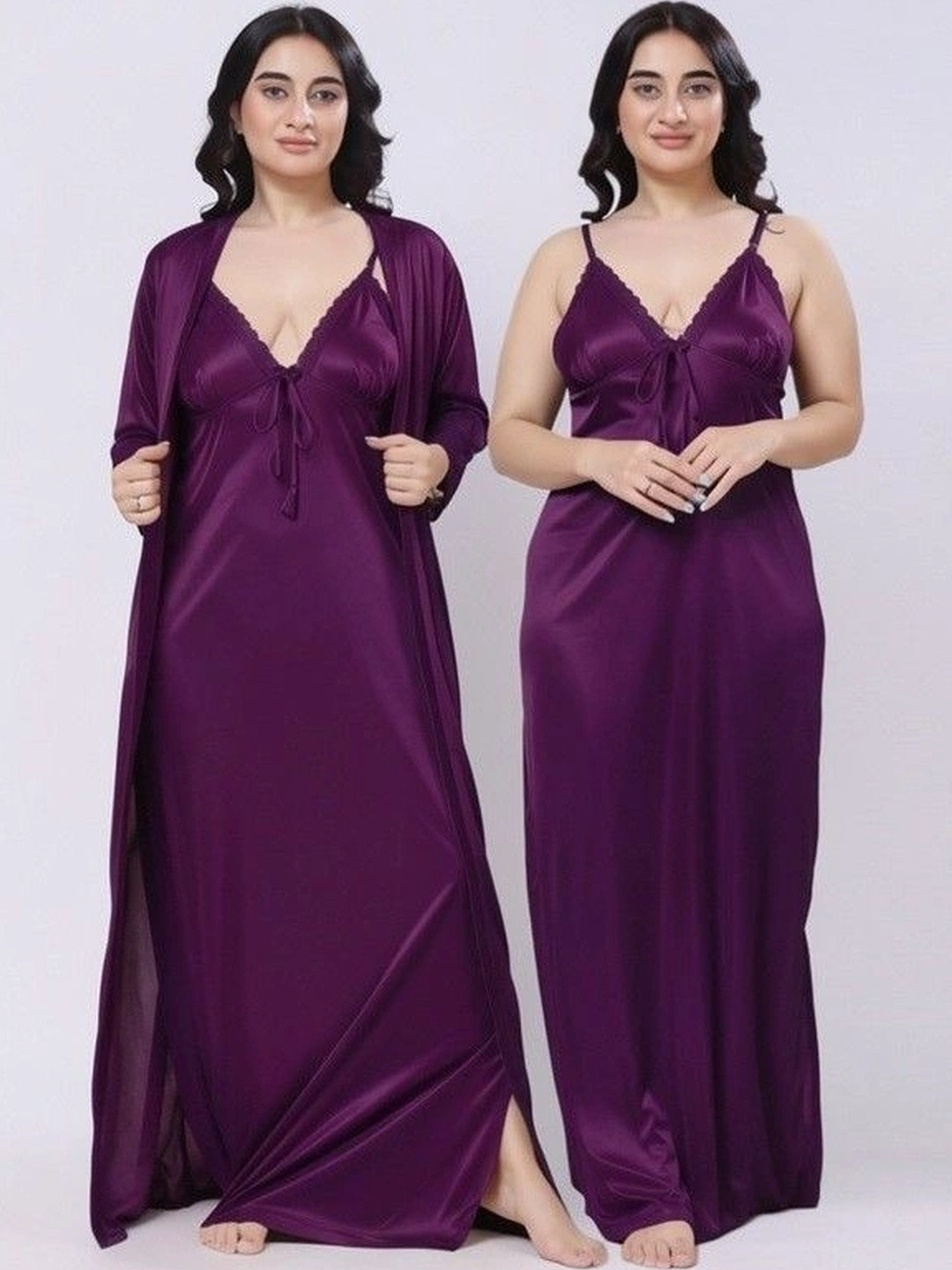 come4try V-Neck Short Sleeves Satin Maxi Nightdress