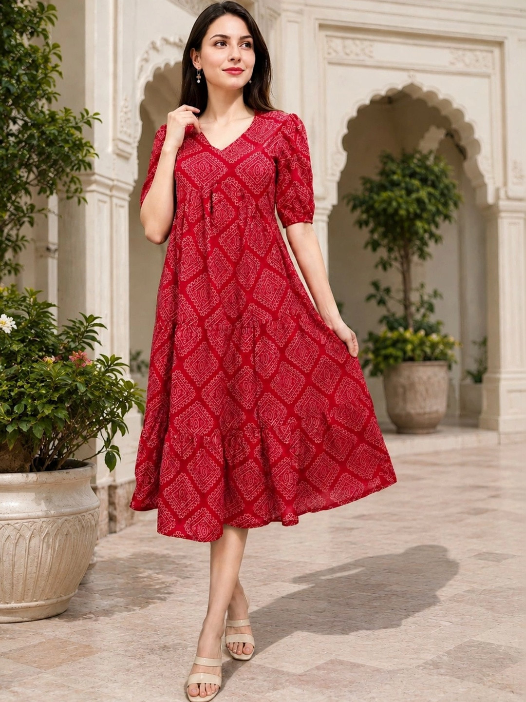 Kamayra Ethnic Motifs Print Puff Sleeve A-Line Dress