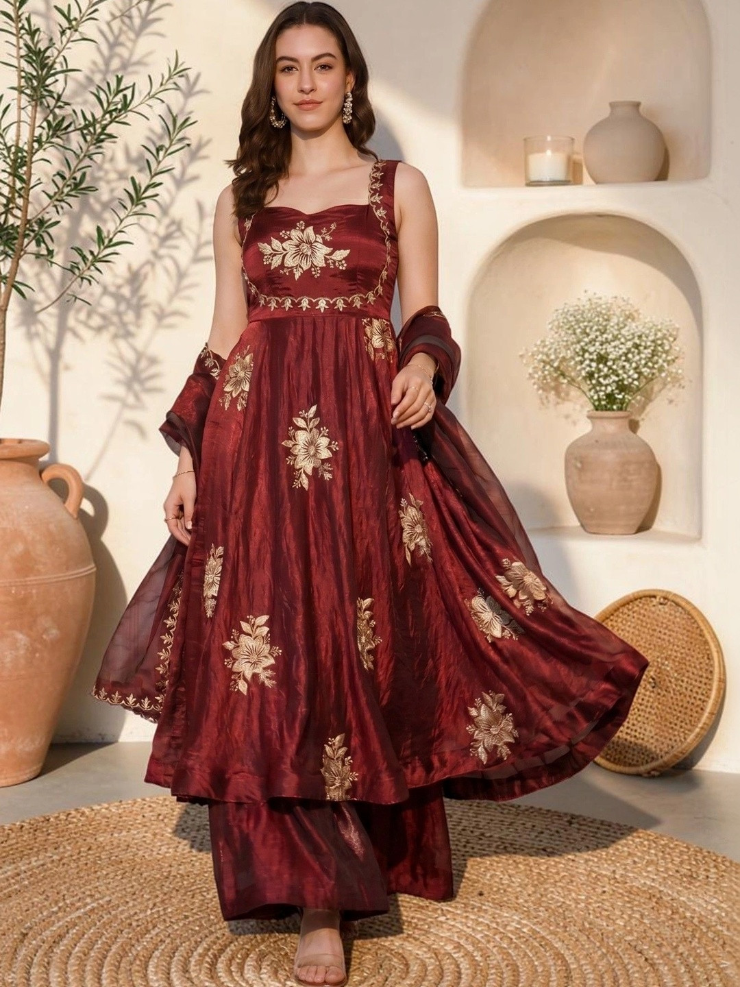 Sangria Women Floral Embroidered Regular Kurta with Palazzos & With Dupatta
