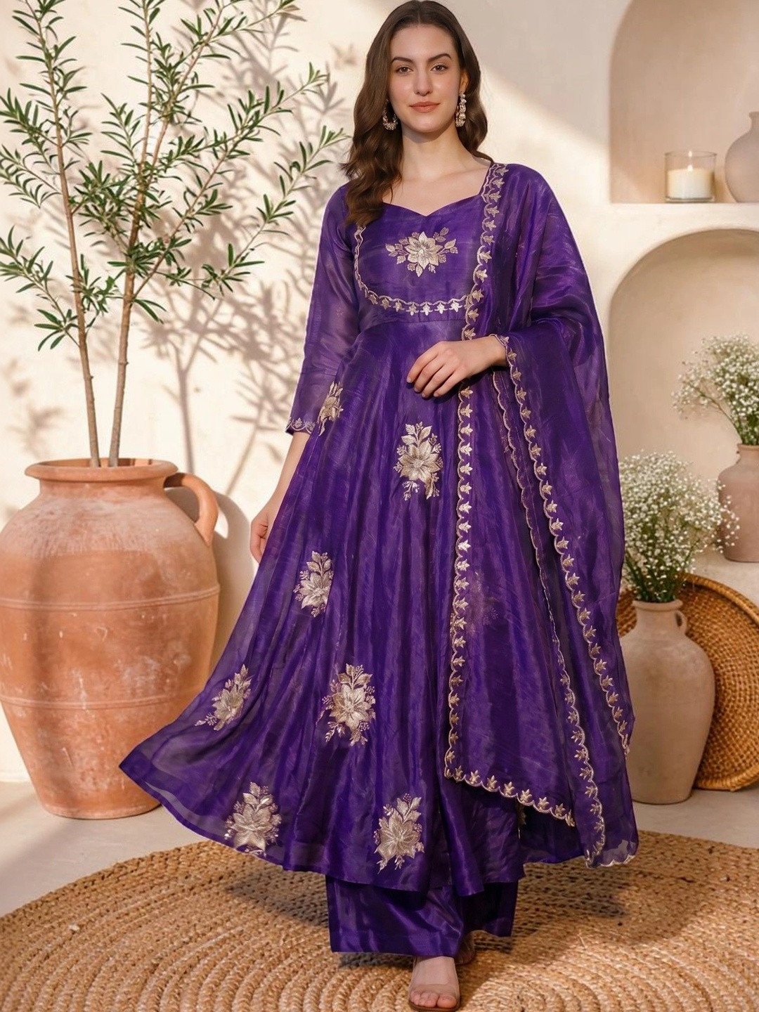 Sangria Women Floral Embroidered Empire Thread Work Kurta with Palazzos & With Dupatta