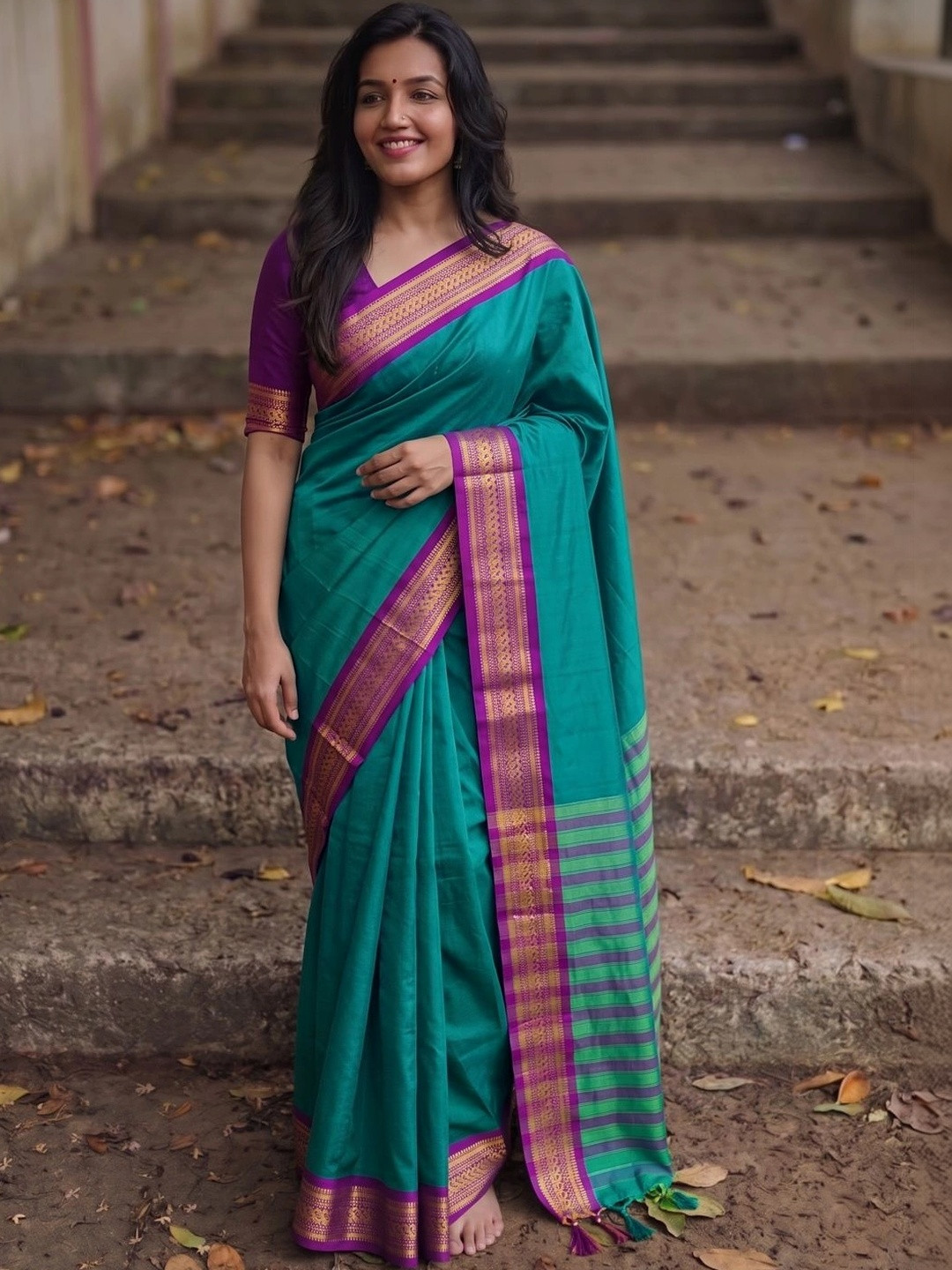 SILKWEAR Striped Zari Silk Cotton Handloom Paithani Saree