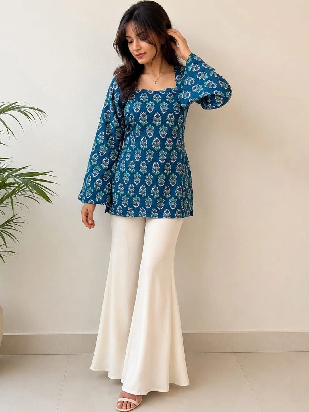 KURVEE Ethnic Motifs Printed Square Neck Bell Sleeves Pure Cotton Kurti