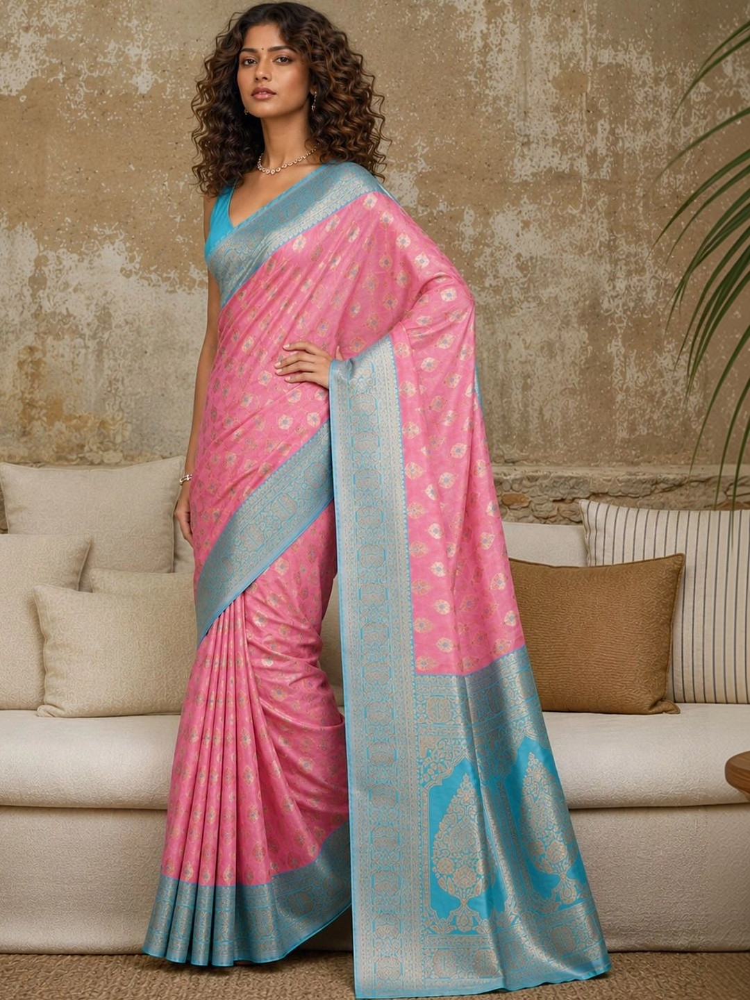 House of Pataudi Woven Design Zari Pure Linen Banarasi Saree