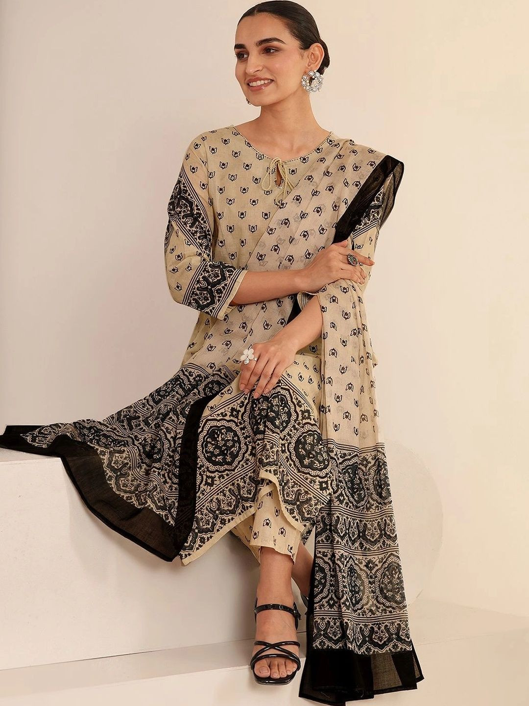 Libas Cream Ethnic Printed Cotton Straight Suit Set