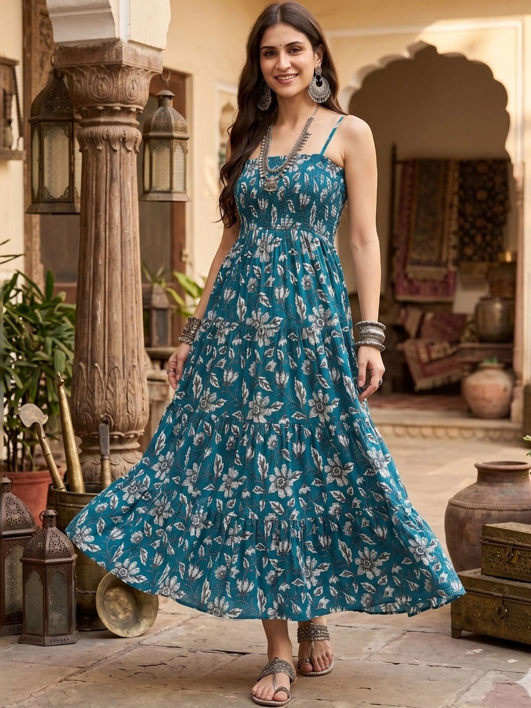 Demirner Floral Printed Pure Cotton Tiered Kurti