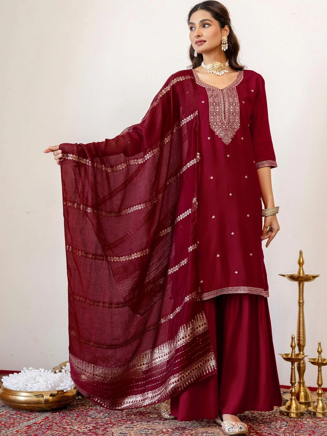SANISA Women Ethnic Motifs Embroidered Regular Kurta with Sharara & With Dupatta