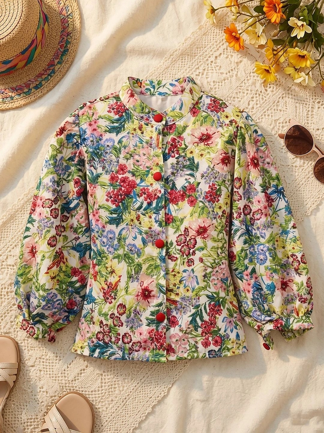 Cutiekins Floral Print Mandarin Collar Puff Sleeve Top
