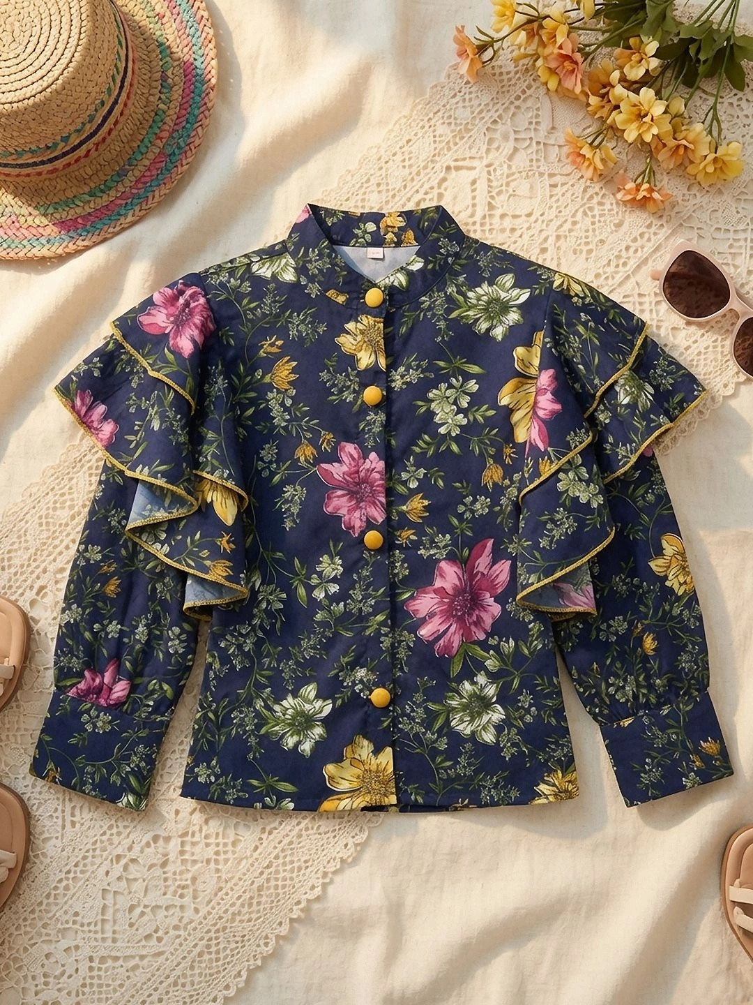Cutiekins Floral Print Mandarin Collar Ruffles Top