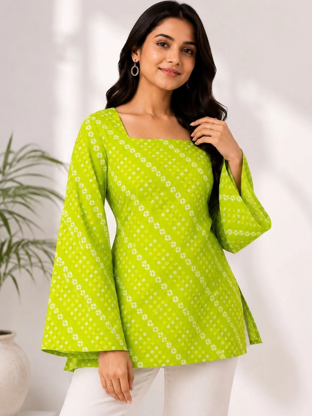 WineRed Bandhani Printed Square Neck Flared Sleeves Pure Cotton Kurti