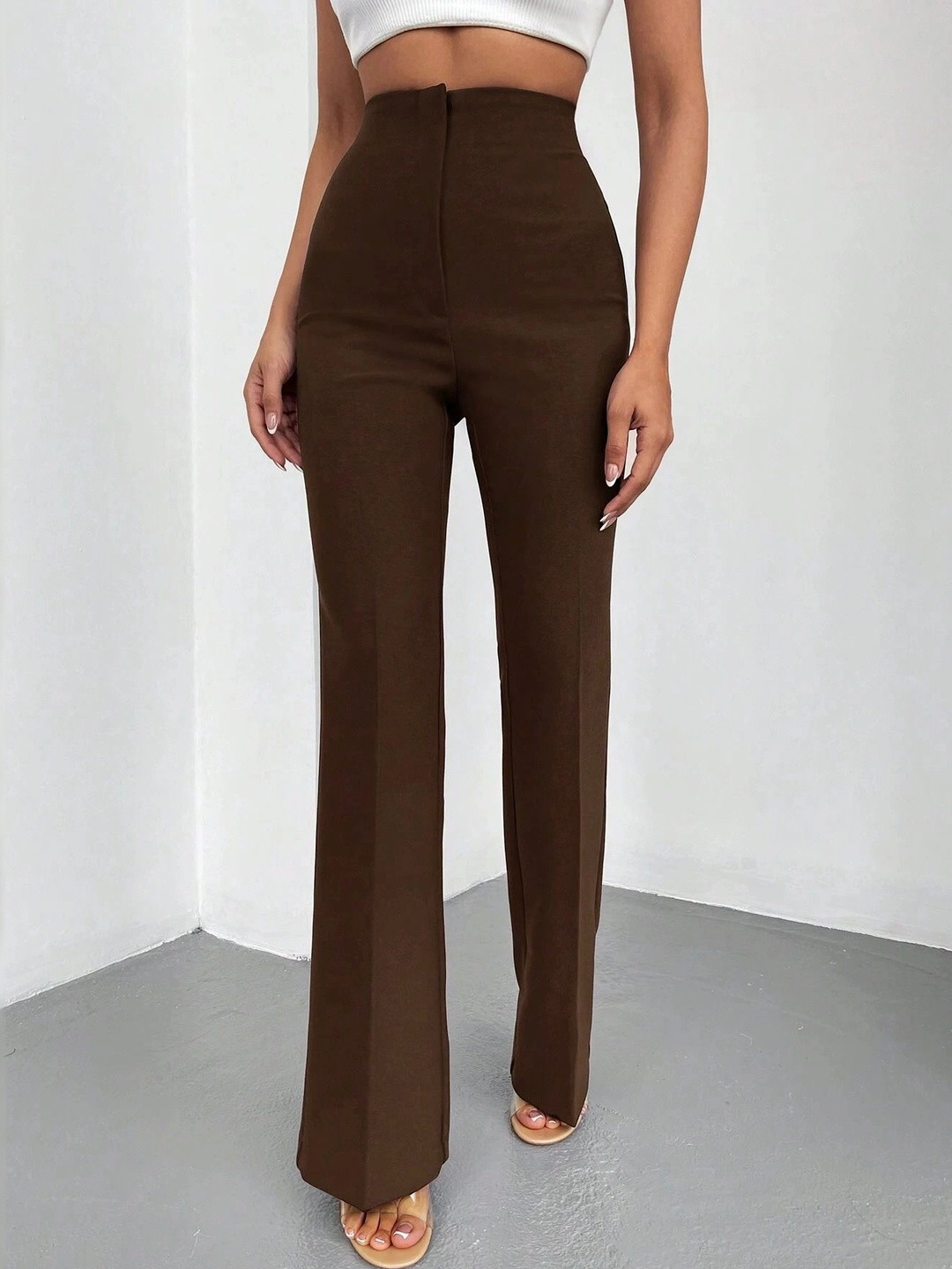 Off Duty India Women Brown High Waist Bootcut Trousers