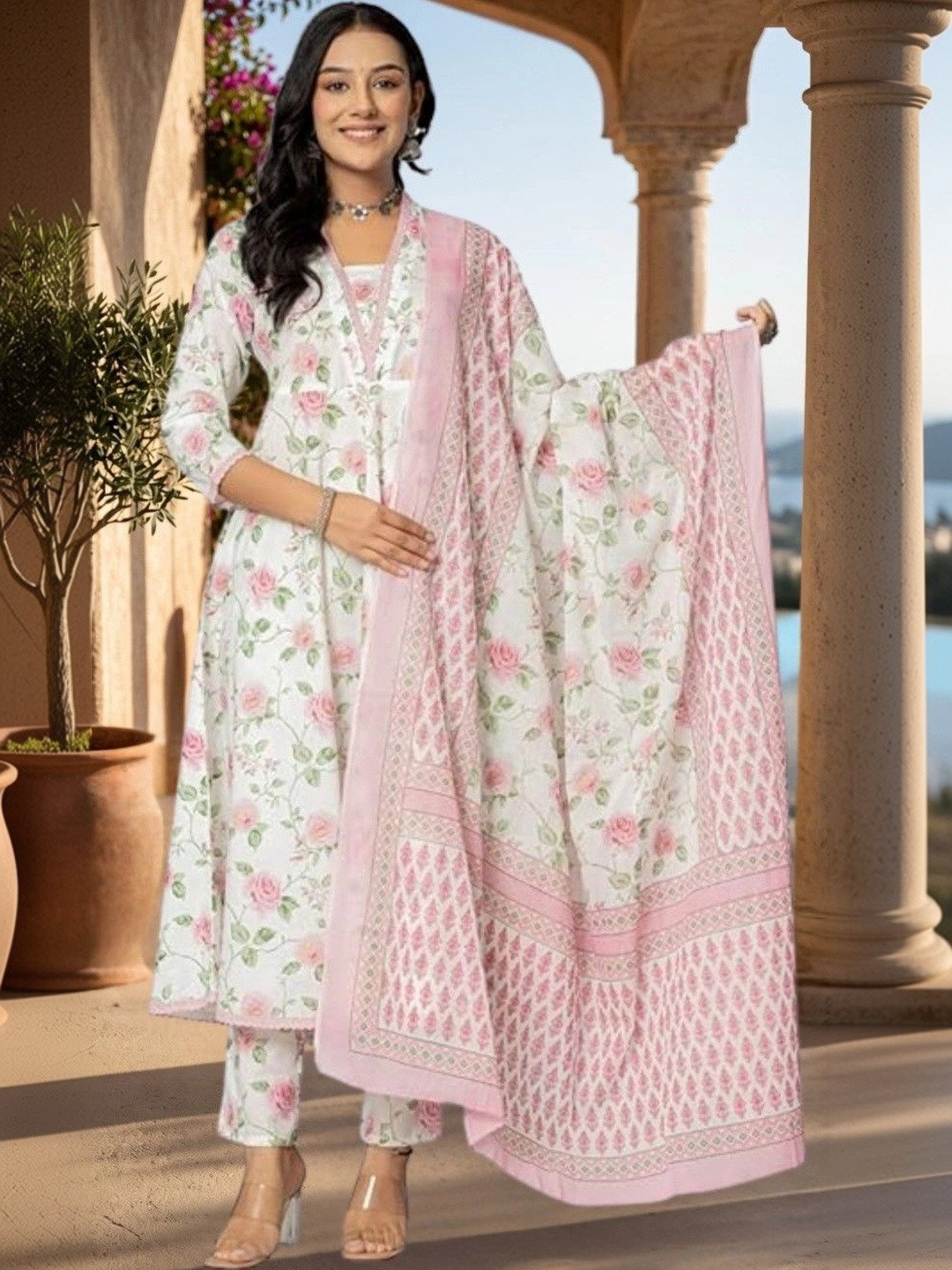 KALINI Women Floral Printed Empire Pure Cotton Kurta with Trousers & With Dupatta