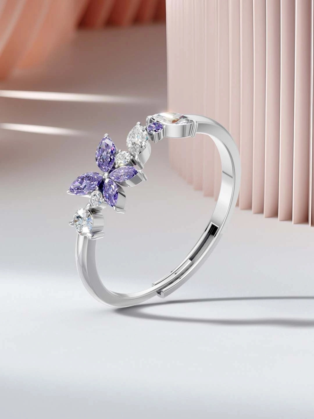 Miss Highness Women 925 Silver Purple Cubic Zirconia Flower Ring