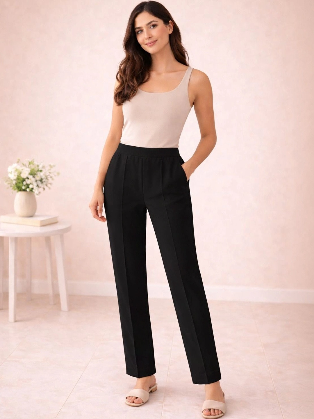 PARNAVI Women Relaxed Straight Leg Easy Wash Trousers