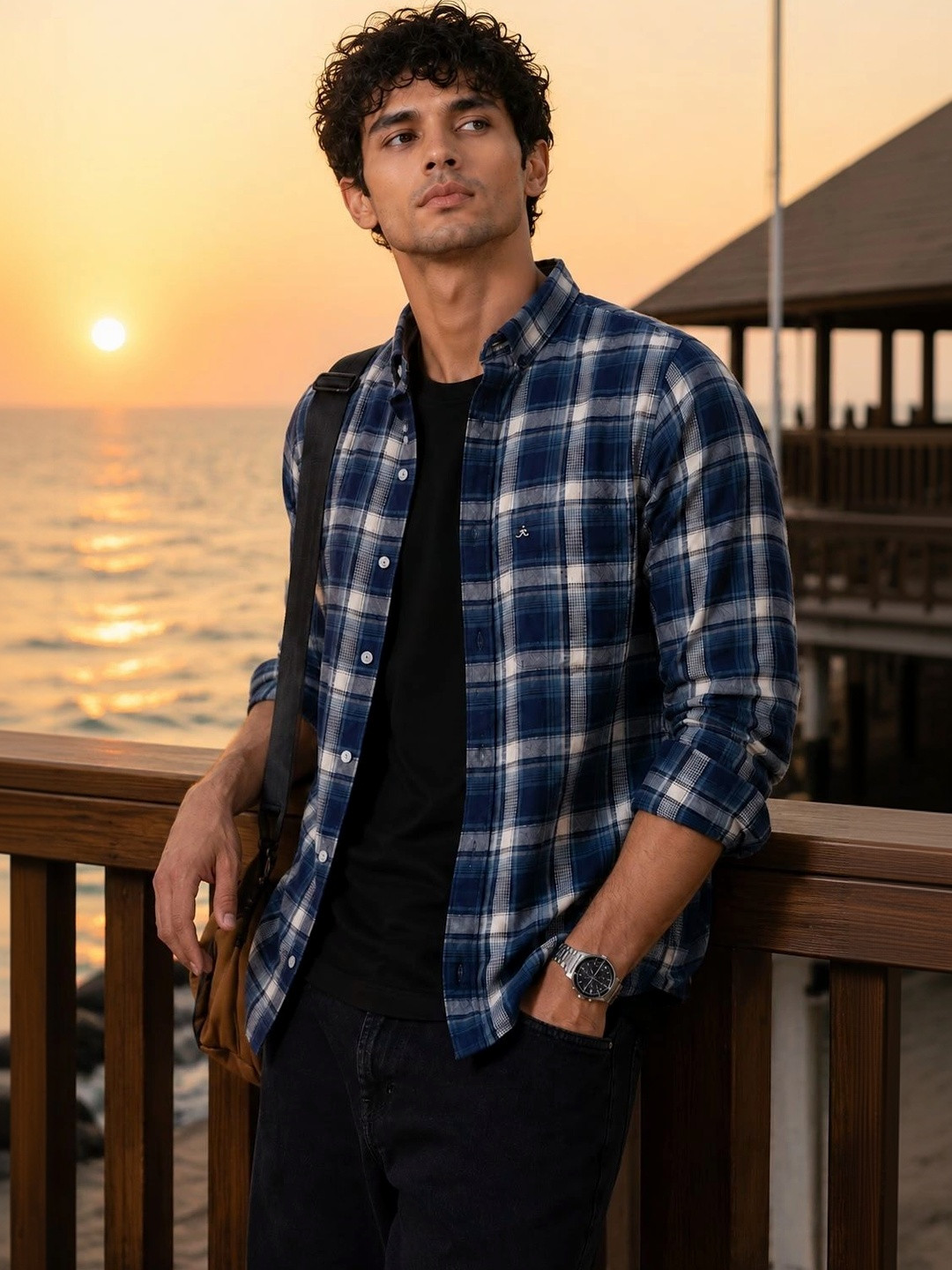 Xkind Navy Blue Checked Shirt Men Regular Fit