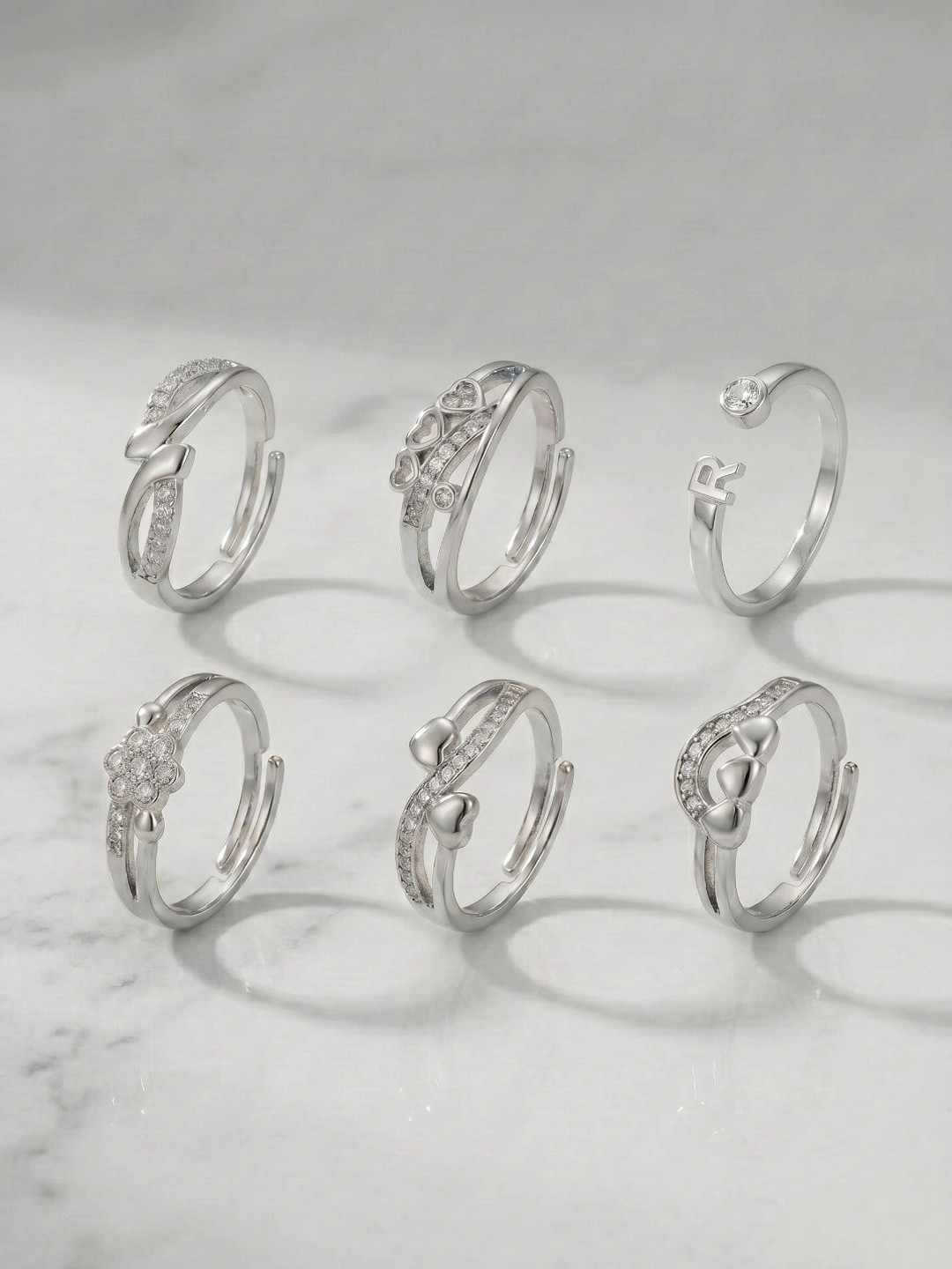 Sangria Women Set of 6 Silver Plated American Diamond Finger Ring