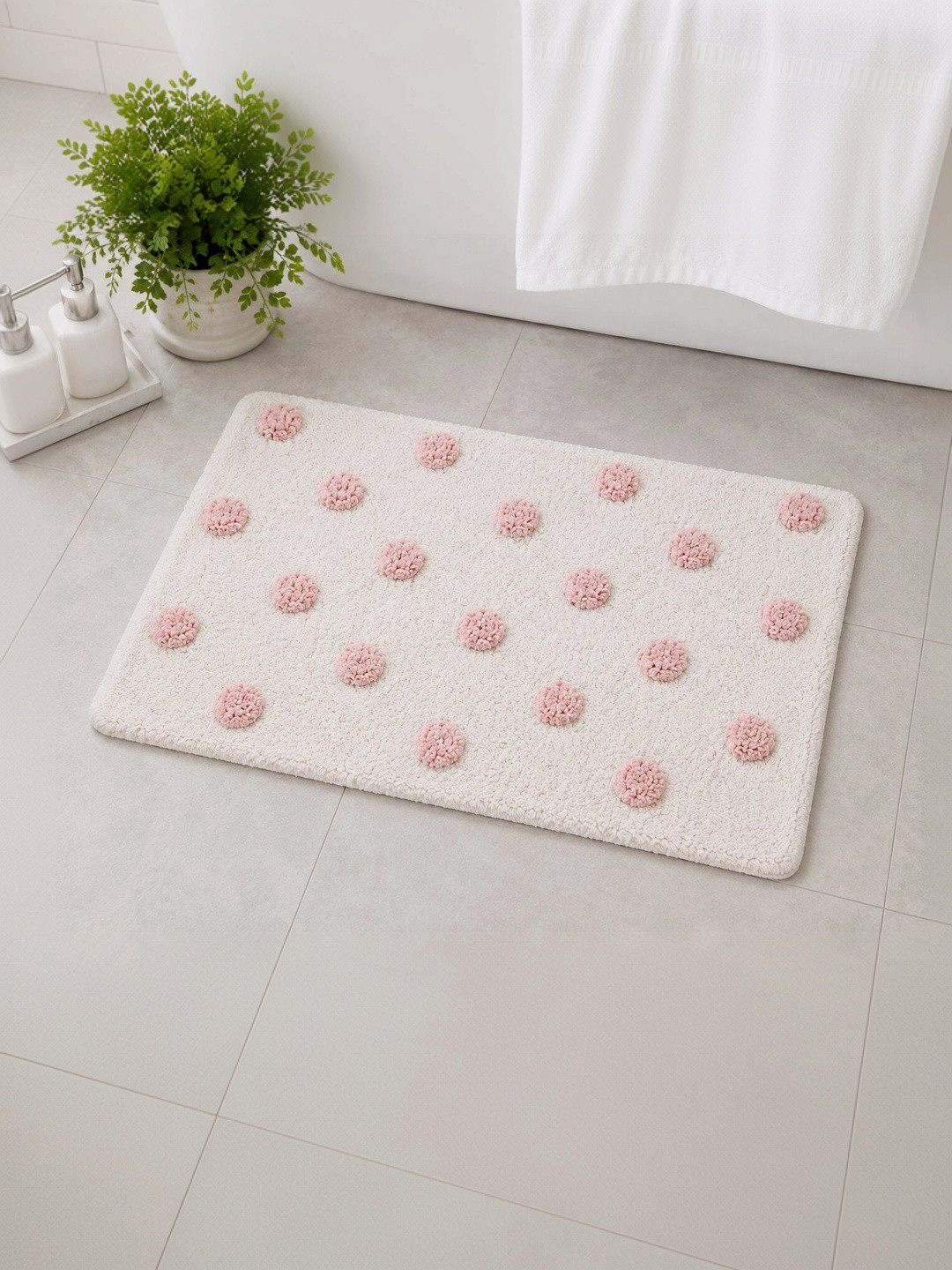 eyda White & Pink Cotton 500 GSM Bath Rug
