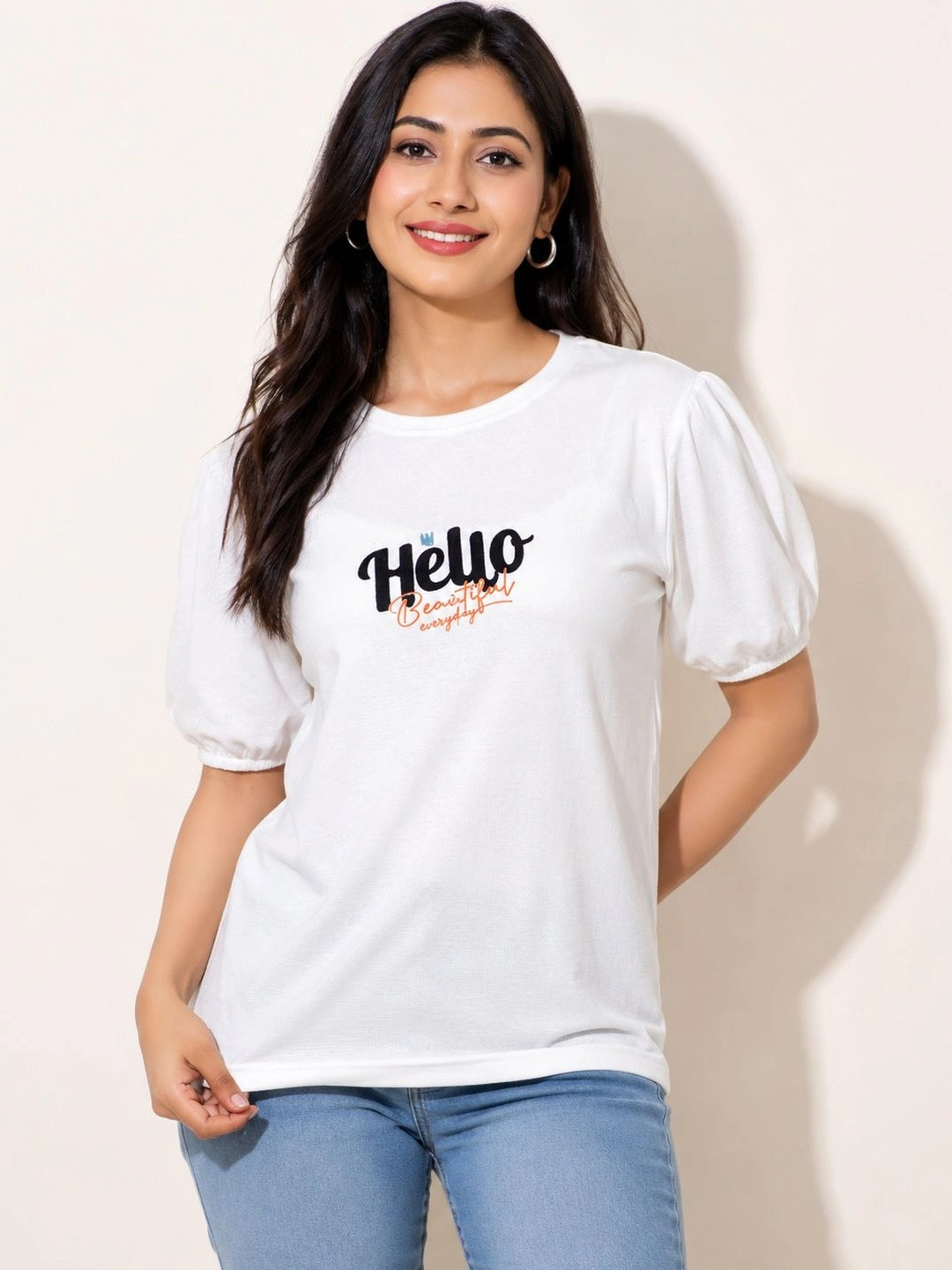 ONLYBASIC Women Typography Printed Puff Sleeves Slim Fit T-shirt