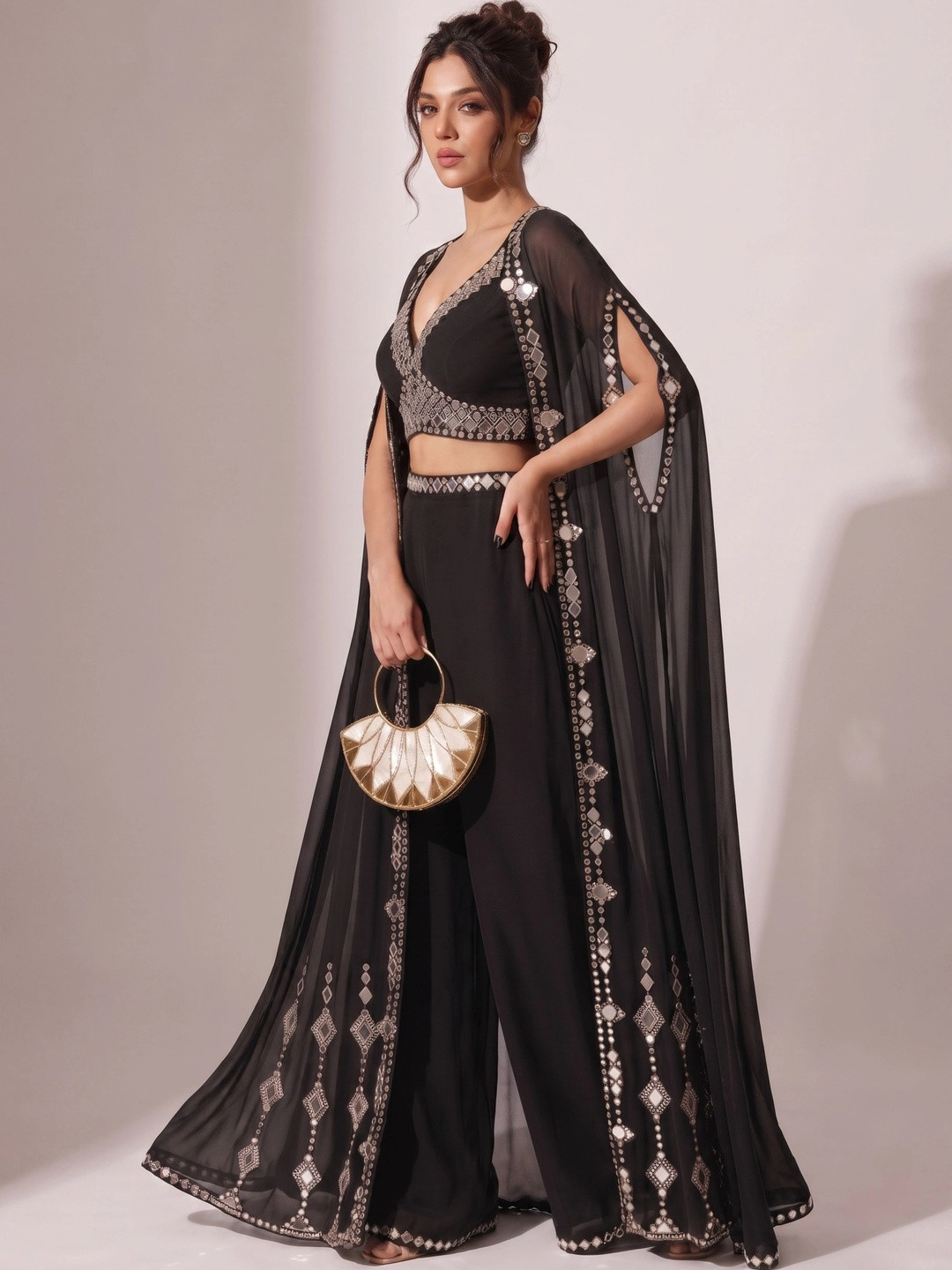 NILORMY Embellished V-Neck Top & Palazzos With Cape Co-Ords
