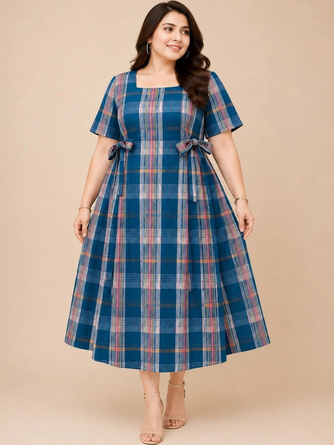 STYLLEY Checked A-Line Plus Size Midi Dress