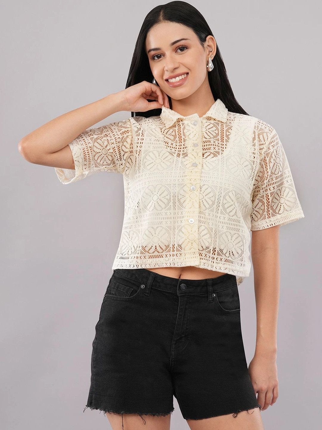 LYNO Women Relaxed Boxy Semi Sheer Casual Shirt