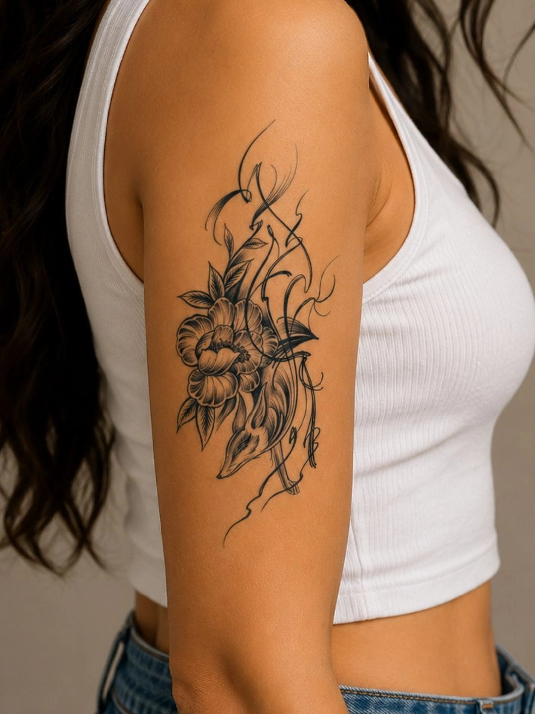 LICK Plant Base Semi Temporary Floral Pattern Matte Finish Body Tattoo - Navy Blue
