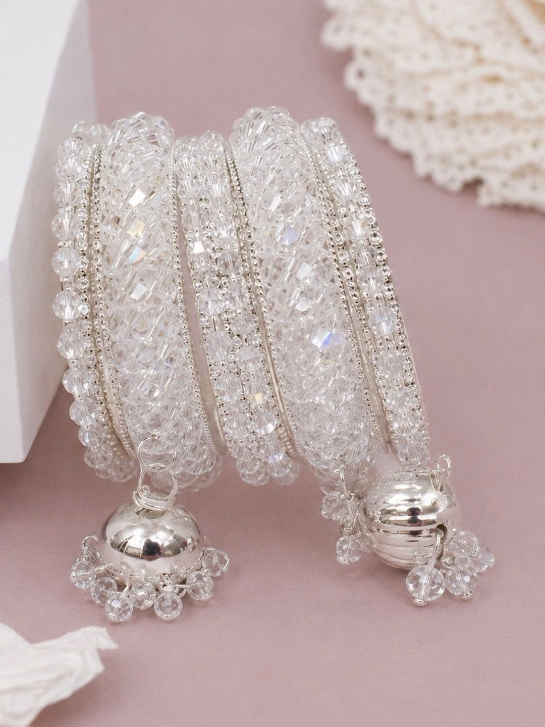 CZ STONE Set of 6 Silver-Plated Crystals Bangles
