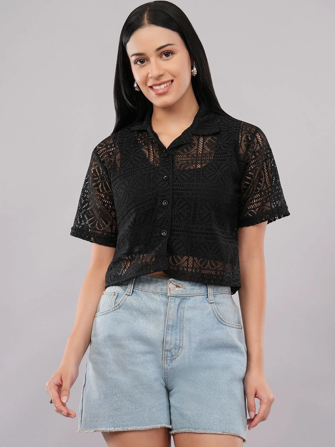 LYNO Women Relaxed Boxy Semi Sheer Printed Casual Shirt