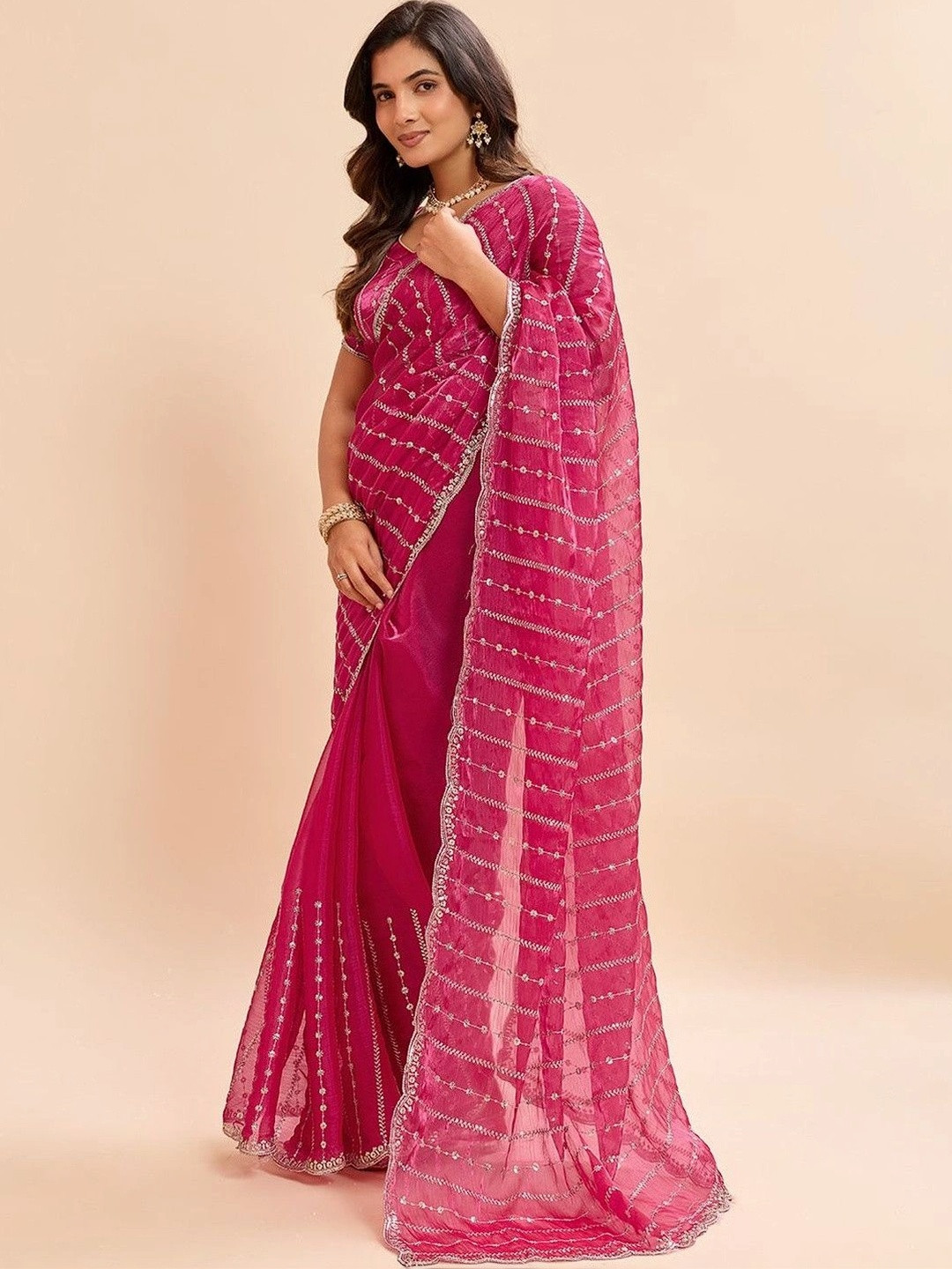 Tradivibe Leheriya Sequinned Pure Chiffon Saree