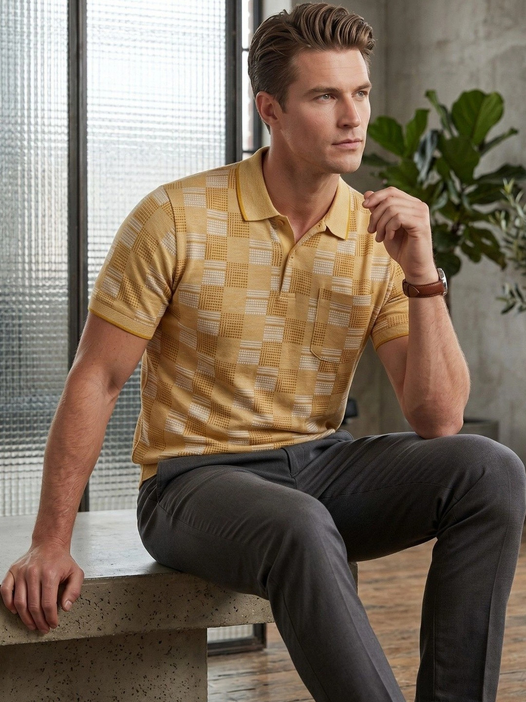MALER Men Checked Polo Collar Pockets T-shirt