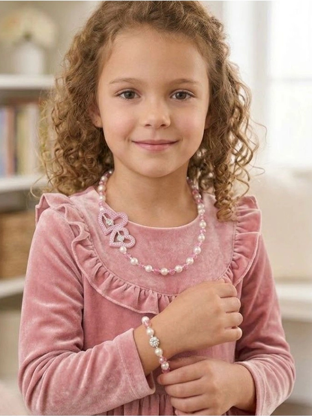 Daizy Girls Flower Bow Stone Studded & Pearls Beaded Jewellery Set