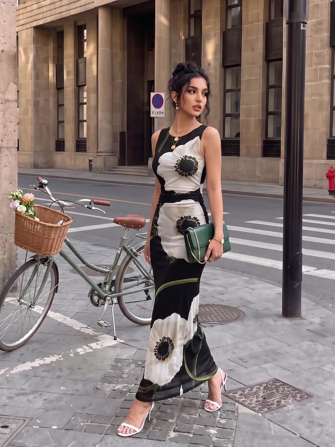 Sleeveless Black Bodycon Maxi Dress with White Anemone Floral Print