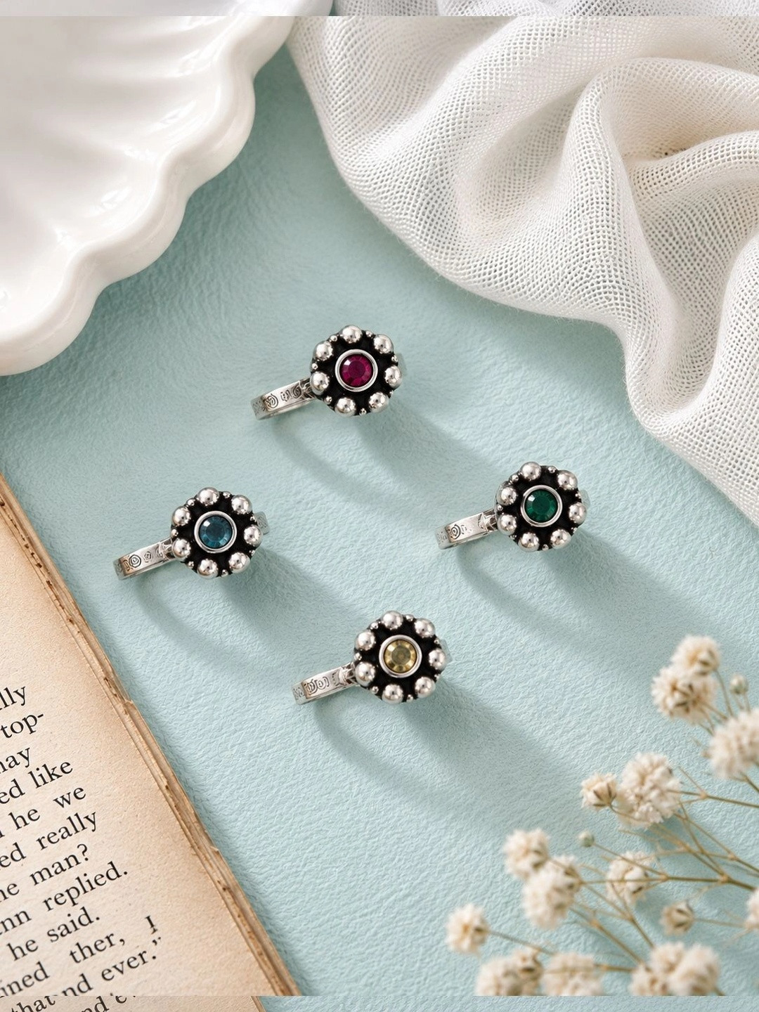 Naman Arts Pack of 4 Oxidised Silver Floral Multicolor Stone Nose Pins for Women & Girls