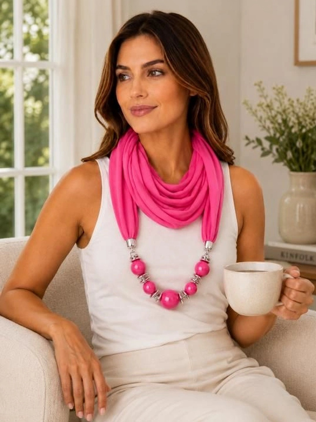 Beau Design Elegant Pearl Beaded Satin Scarf Necklace