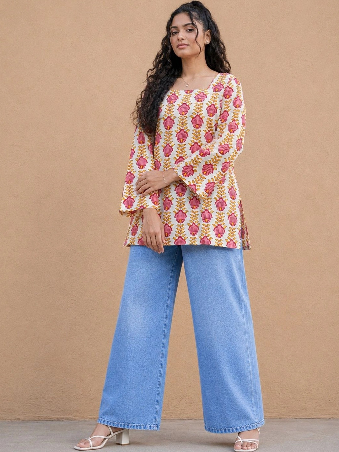 KALINI Botanical Printed Square Neck Flared Sleeves Pure Cotton Kurti