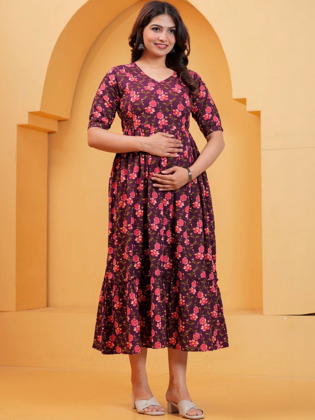UrbanRang Floral Print Maternity A-Line Midi Dress