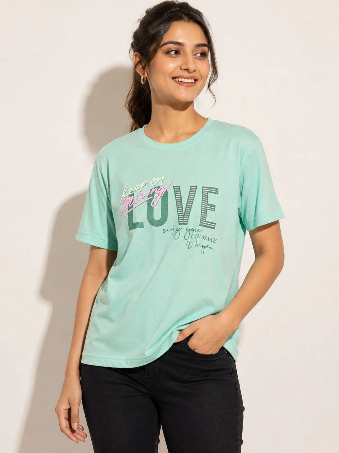 ONLYBASIC Women Typography Printed Slim Fit T-shirt