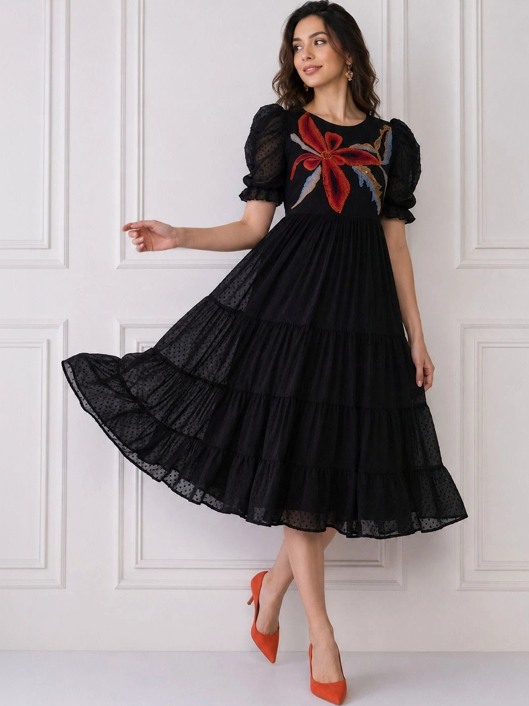 Attends Floral Embroidered Puff Sleeve Georgette A-Line Midi Dress